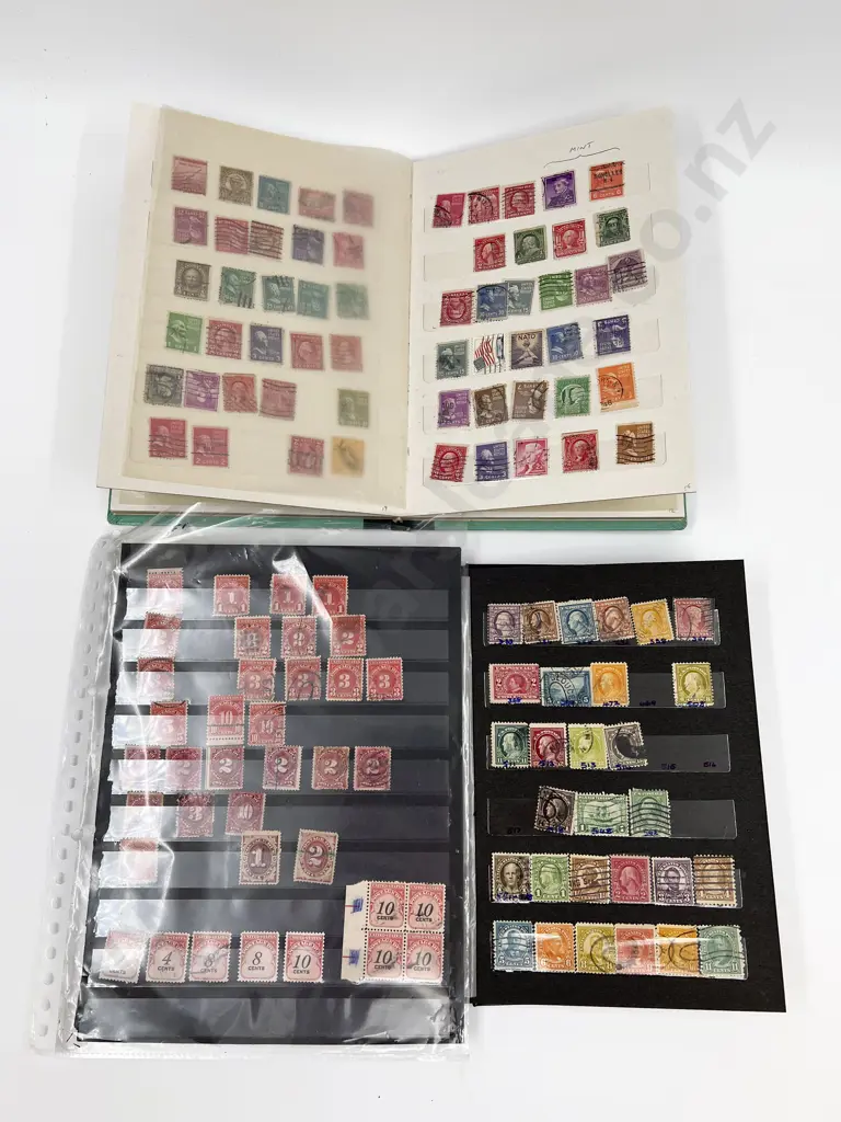 Vintage USA 12 Loose Stock Book Pages of Stamps and Two Stock Book Albums Image 1++