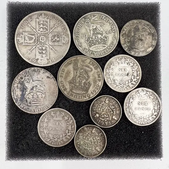 Ten UK1872-1944 Silver Content Coins