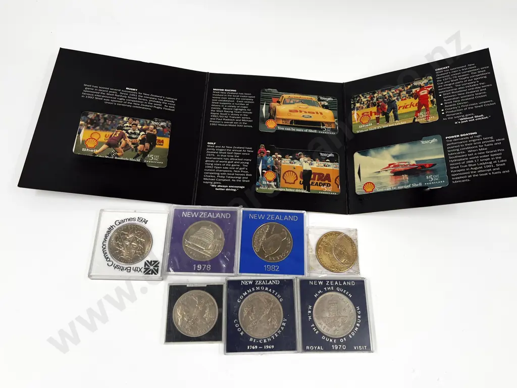 Six NZ Commemorative Dollar Coins with Hawaii Honolulu Dollar and Sports Phone Cards Image 1++