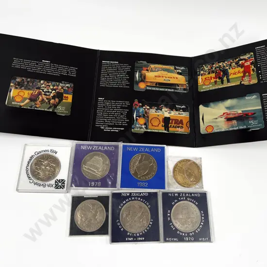 Six NZ Commemorative Dollar Coins with Hawaii Honolulu Dollar and Sports Phone Cards