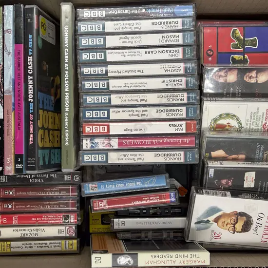Box of Assorted CDs & DVDs & Tapes