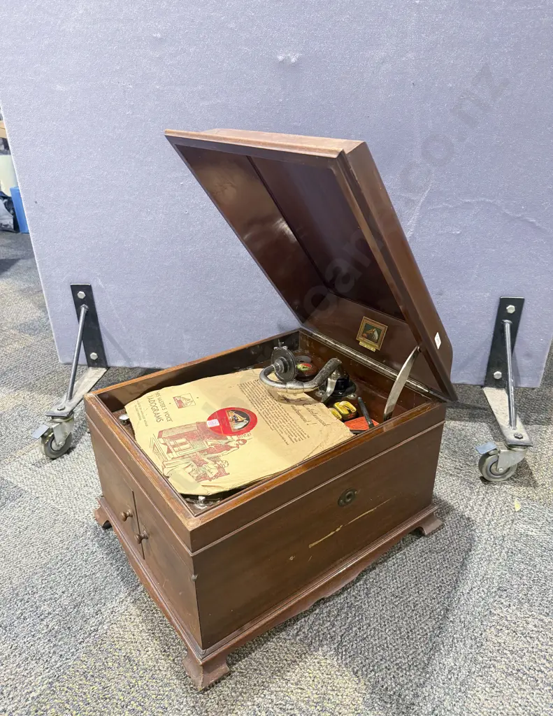 His Masters Voice Table Top Gramophone together with Assorted Records Image 1++