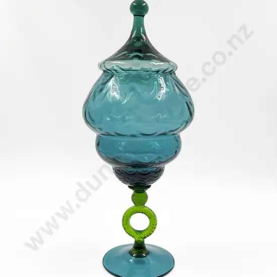 Mid Century Design Teal Art Glass Lidded Vase