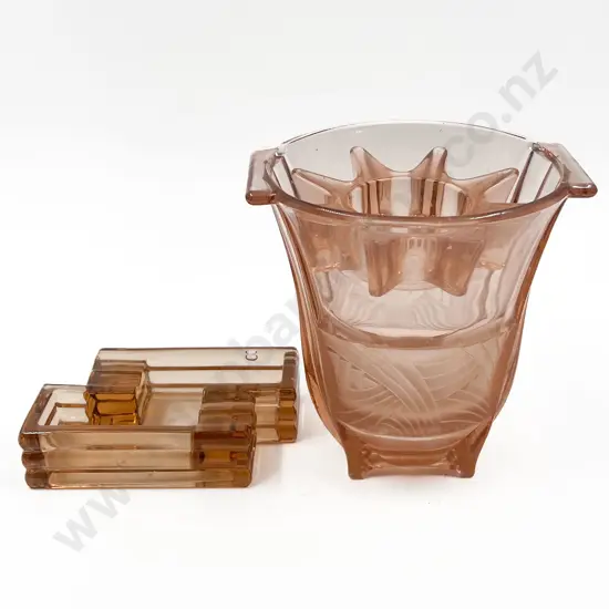 Pressed Glass Vase with Frog together with Ashtray