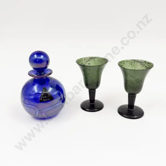 Phoenician Malta Art Glass Scent Bottle together with Two Spinach Jade Liqueur Glasses