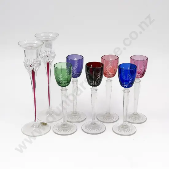 Pair of Glass Candle Holders together with Six Long Stemmed Liqueur Glasses