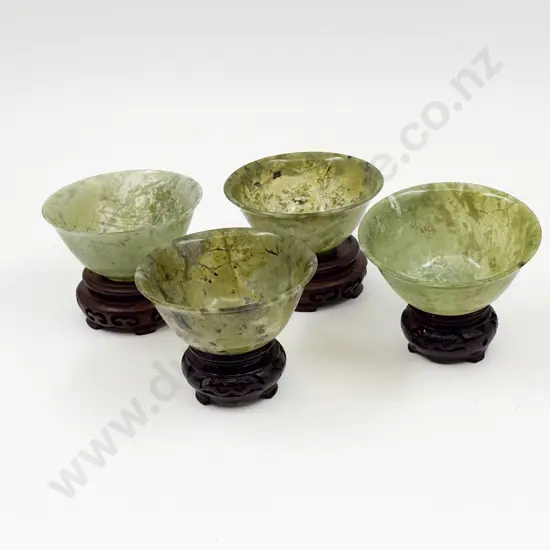 Four Small Jade Bowls with Four Assorted Stands