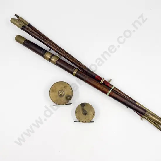 Vintage Brass Mounted Fishing Rod with Two Brass Reels