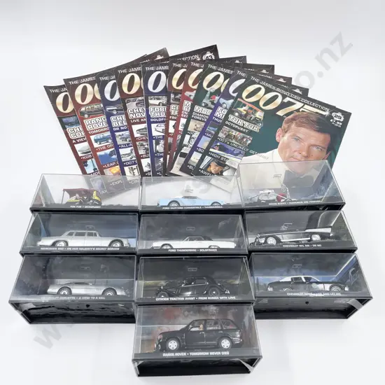Ten James Bond Car Collection Vehicles & Collector Magazines
