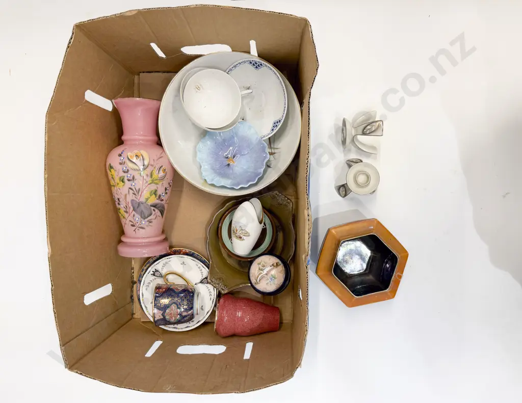 Box Quantity of Assorted China etc incl Hand Painted Vict Glass Vase Image 1++