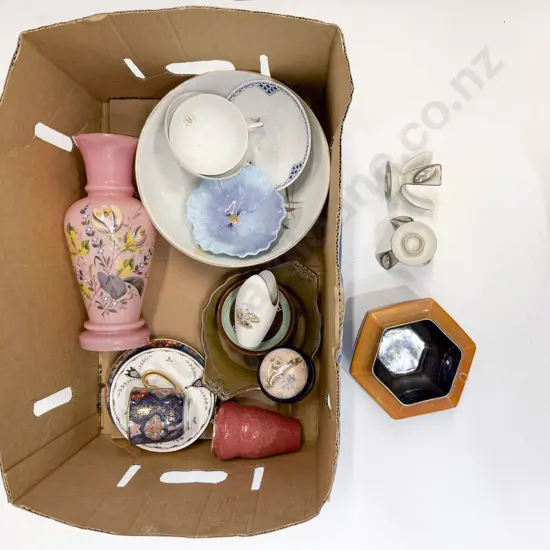 Box Quantity of Assorted China etc incl Hand Painted Vict Glass Vase