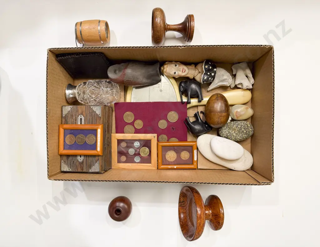 Box Quantity of Assorted incl Australian Coins Turned Wood Pieces & Other Ornaments Image 1++