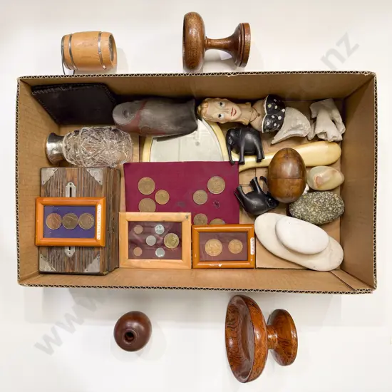 Box Quantity of Assorted incl Australian Coins Turned Wood Pieces & Other Ornaments