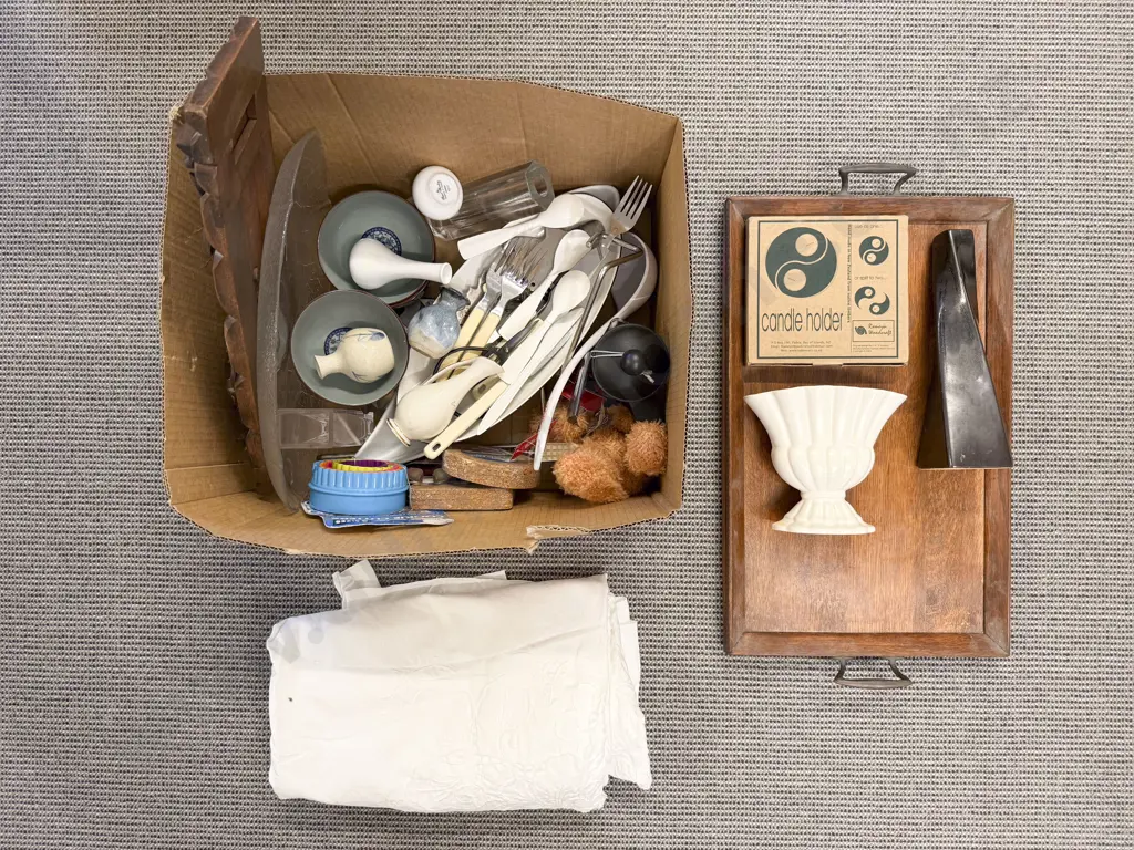 Box of Assorted incl Oak Tray Table Linen etc Image 1++