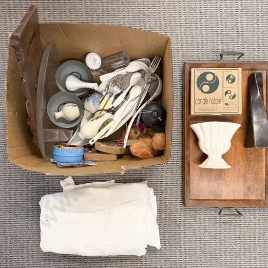 Box of Assorted incl Oak Tray Table Linen etc