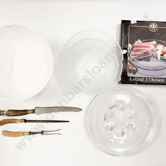 Quantity of Assorted Glass Serving Ware together with Large Table Bowl & Horn Handled Carving Set