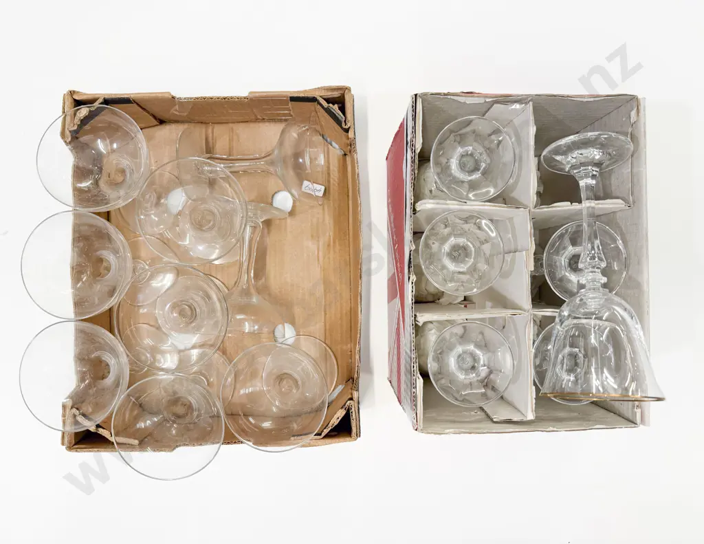 Nine Hollow Stemmed Champagne Glasses together with Boxed Set of Six Wine Glasses Image 1++