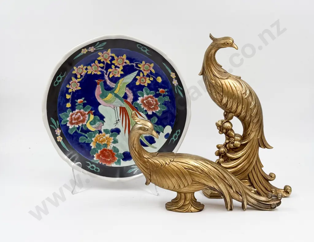 Two Gilt Painted Bird Ornaments on Chinese Bird Decorated Plate Image 1++