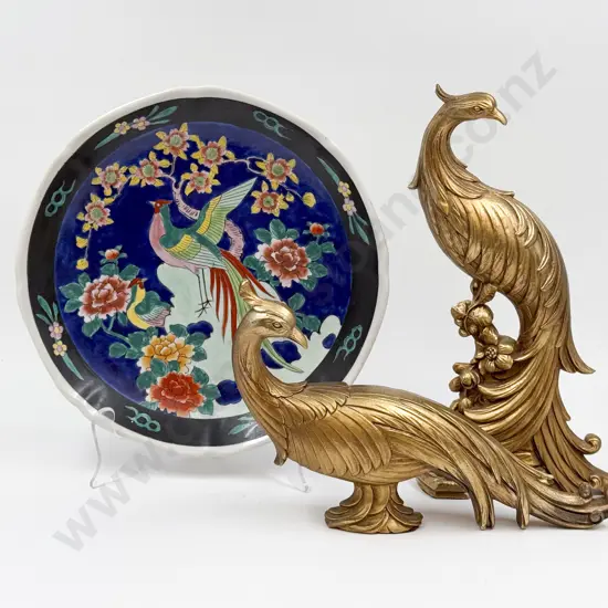 Two Gilt Painted Bird Ornaments on Chinese Bird Decorated Plate