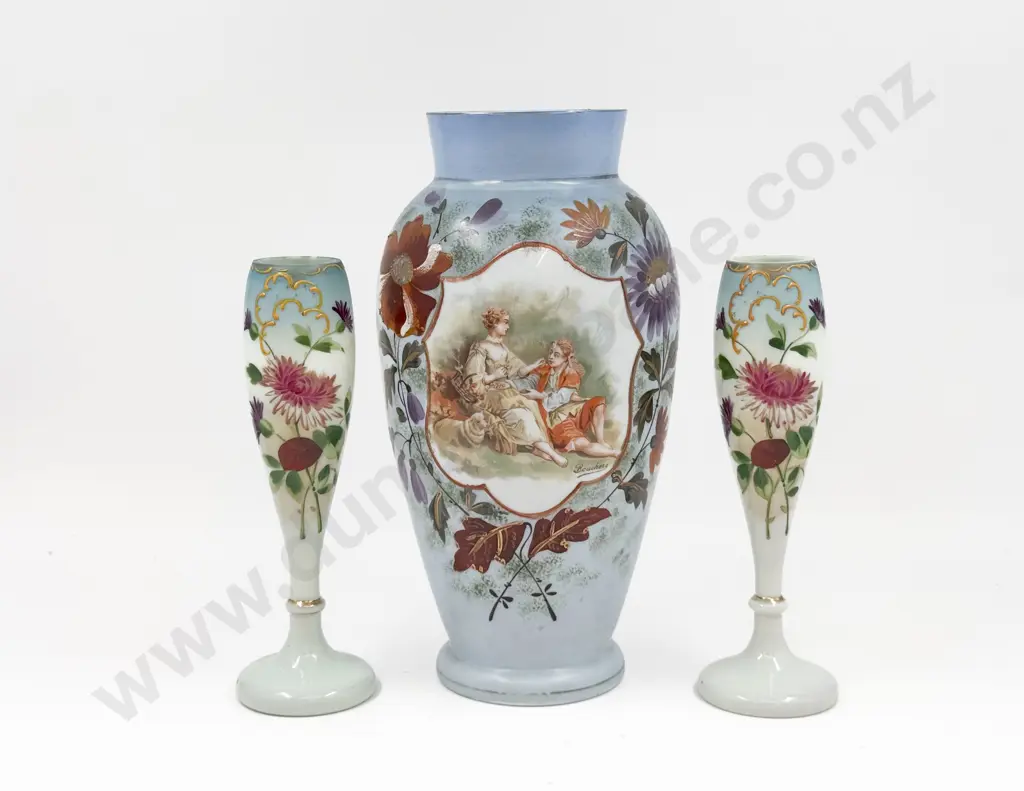 Handpainted Opaque Glass Vase & Two Associated Spill Vases Image 1++