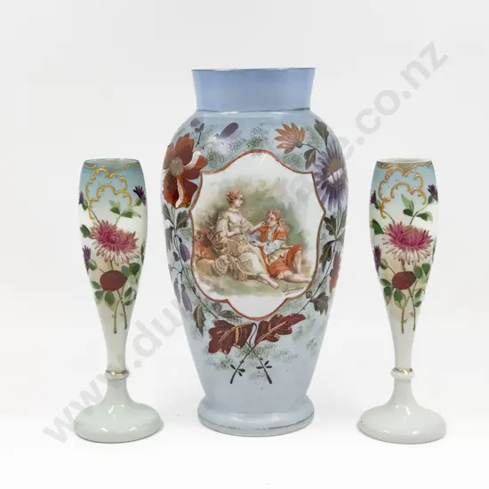 Handpainted Opaque Glass Vase & Two Associated Spill Vases