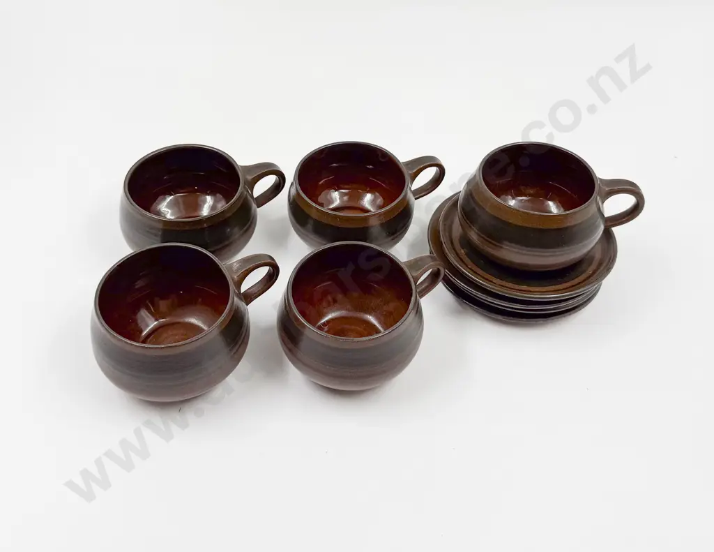 Five Glazed Terracotta Cups & Saucers Image 1++