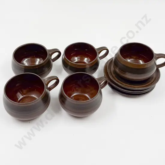 Five Glazed Terracotta Cups & Saucers