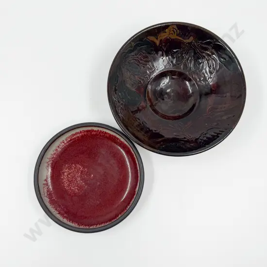 Peter Collis Shallow Dish together with NZ Pottery Pedestal Bowl