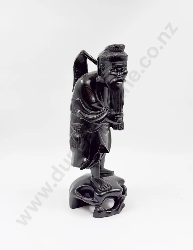 Large Chinese Ebonised Figure of Fisherman Image 1++