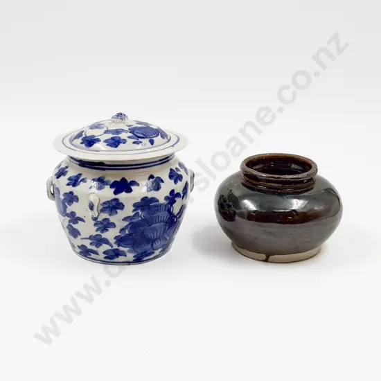 Blue & White Lidded Jar & Pottery Vase