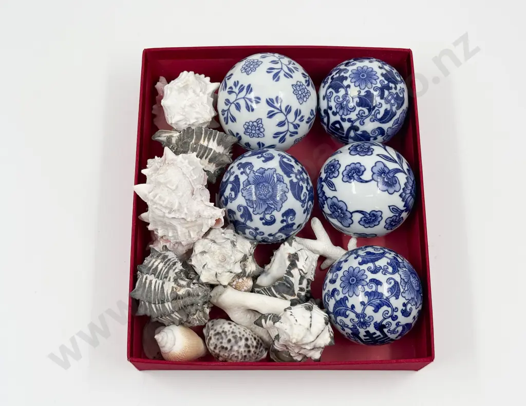 Five Blue & White Decorative Carpet Balls & Assorted Shells Image 1++
