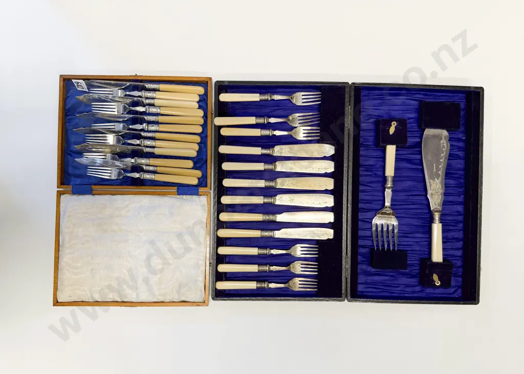Cased Bone Handle Fish Service together with Other Bone Handle Knife and Fork Set Image 1++