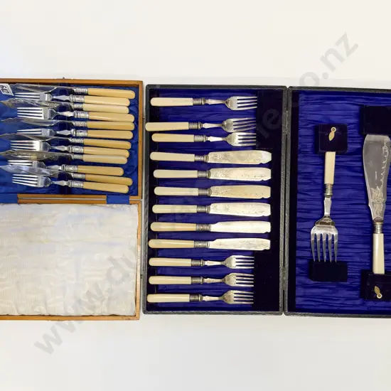 Cased Bone Handle Fish Service together with Other Bone Handle Knife and Fork Set