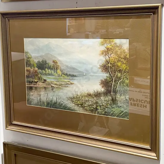 Milton Drinkwater - Riverside Scene with Cattle - Watercolour