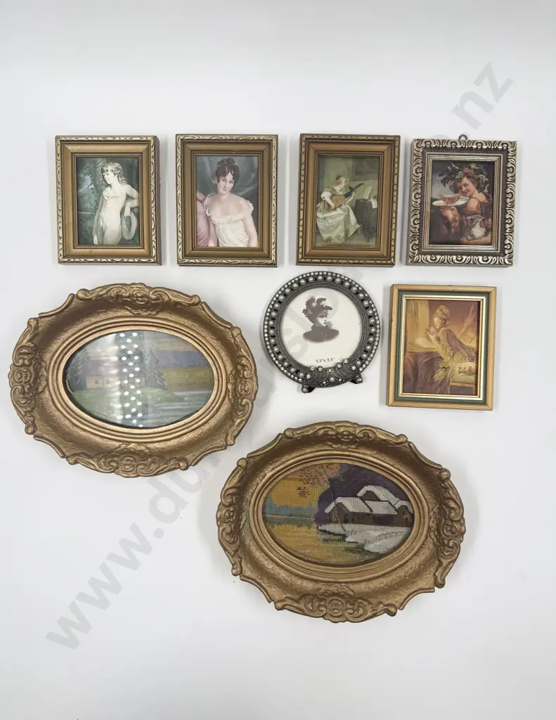 Pair of Gilt Framed Tapestries with Assorted Small Classical Prints on Material Image 1++