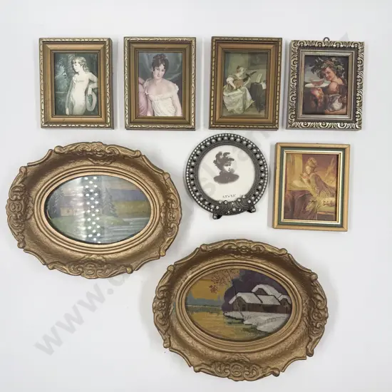 Pair of Gilt Framed Tapestries with Assorted Small Classical Prints on Material