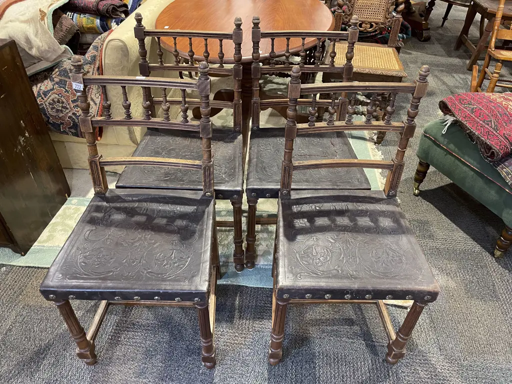 Four Victorian Dining Chairs with Tooled Leather Seats (faults) Image 1++