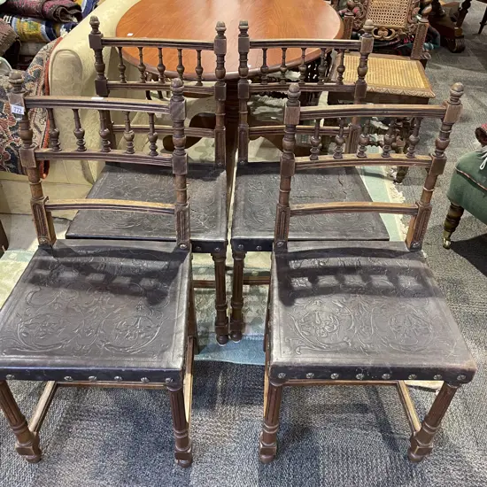 Four Victorian Dining Chairs with Tooled Leather Seats (faults)
