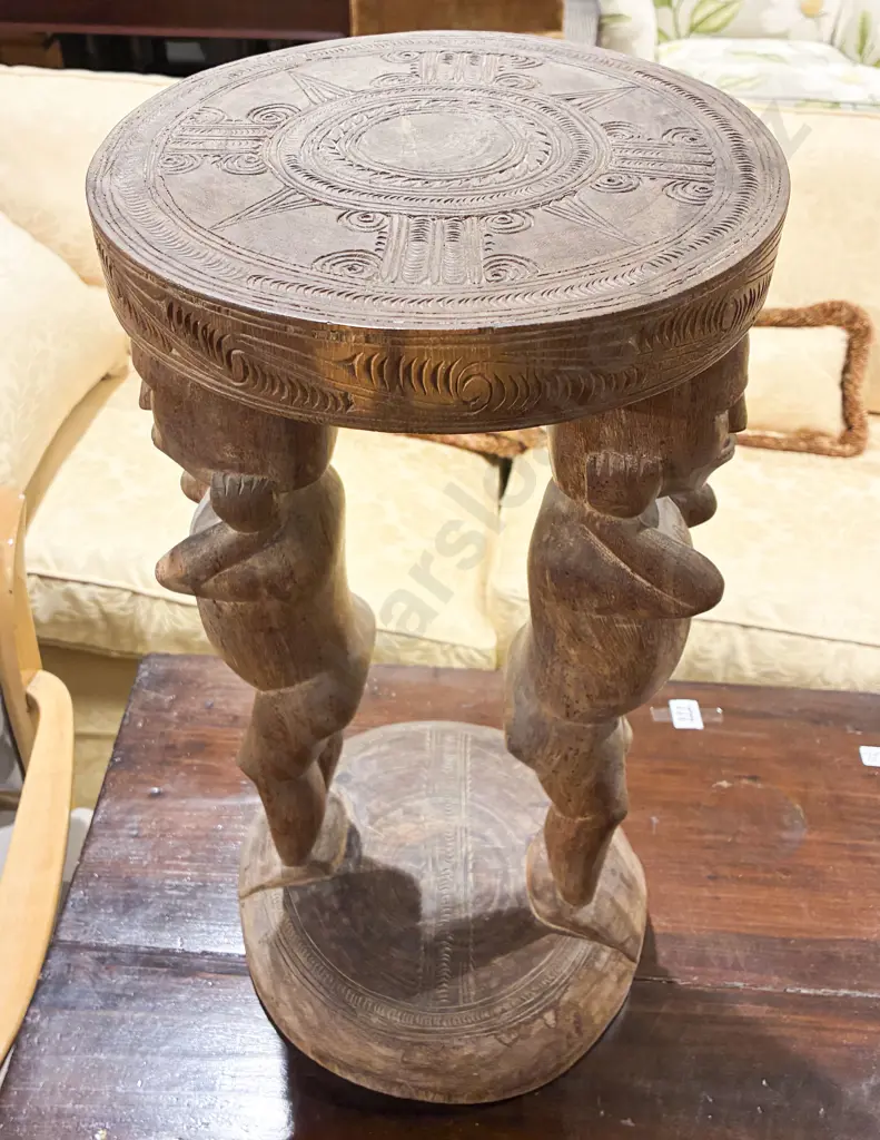 African Tribal Twin Figure Hardwood Stool Image 1++