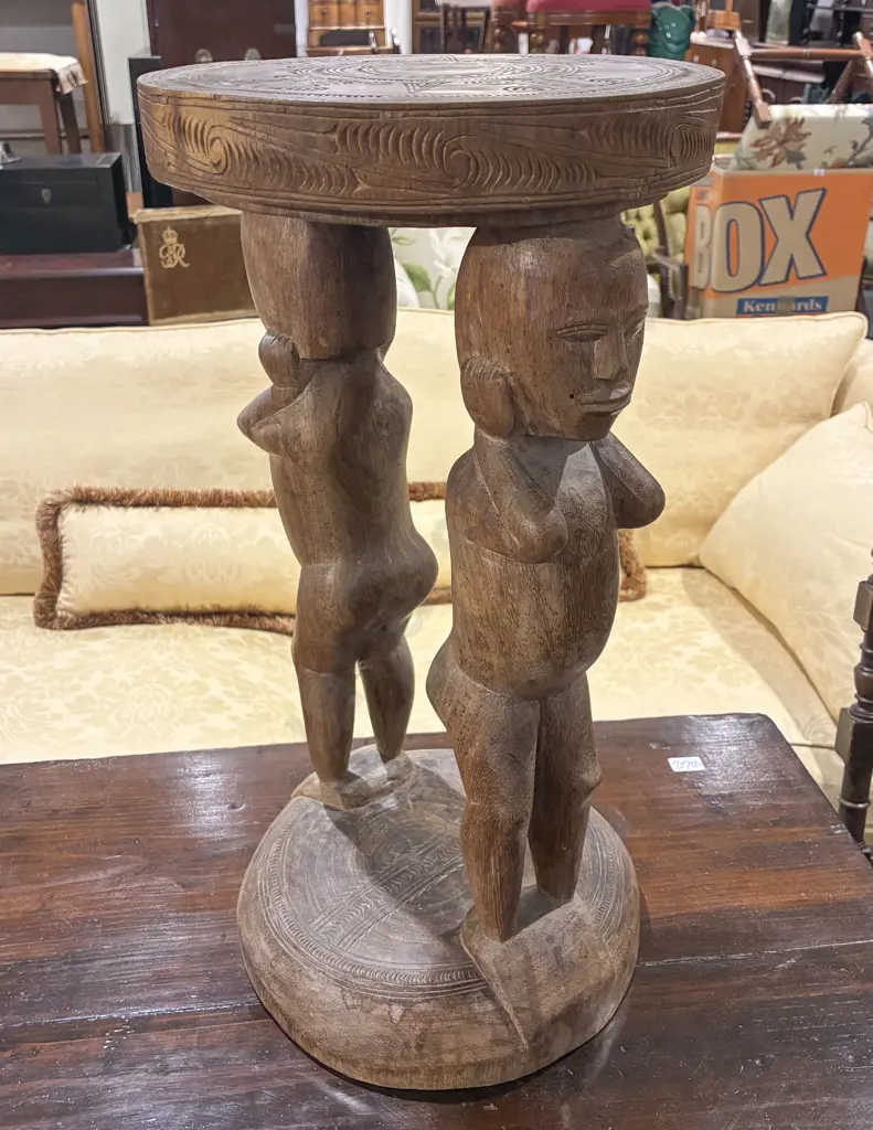 African Tribal Twin Figure Hardwood Stool Image 1++