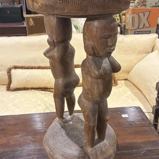 African Tribal Twin Figure Hardwood Stool