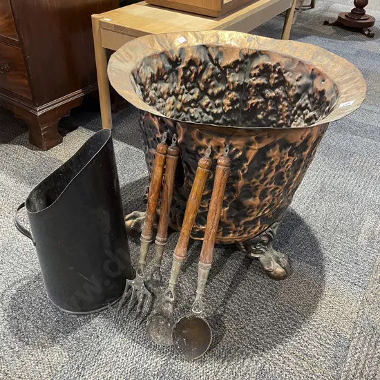 Large Distressed Copper Pot with Claw and Ball Feet and Fire Tidy