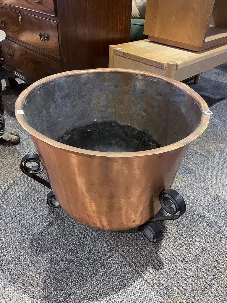 Large Copper Pot with Scrolled Wrought Metal Supports Image 1++