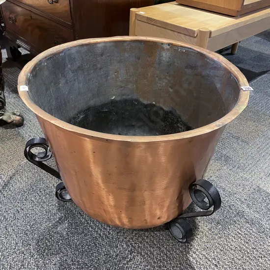 Large Copper Pot with Scrolled Wrought Metal Supports