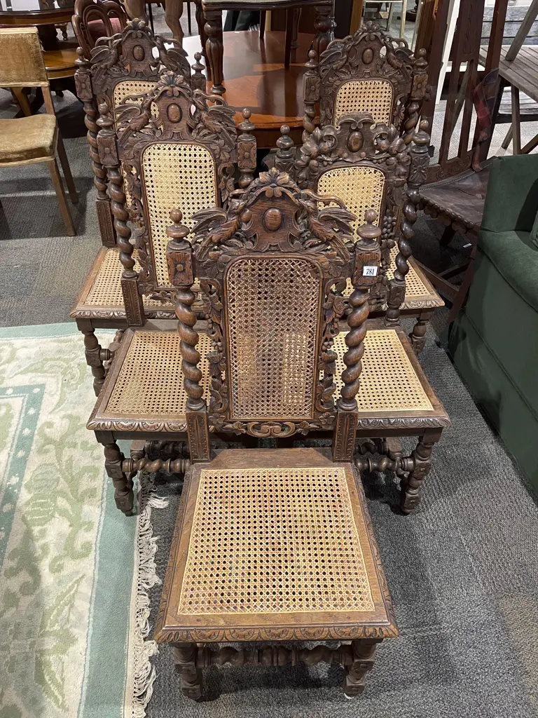 Set of Five Jacobean Style Oak Dining Chairs Image 1++