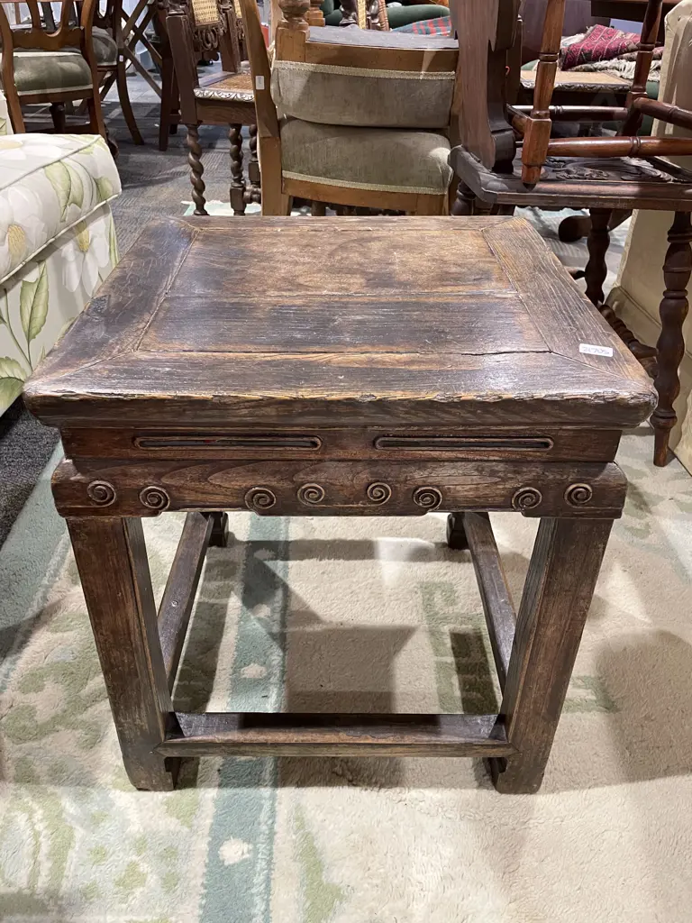 Vintage Chinese Pine Carved Side Table Image 1++