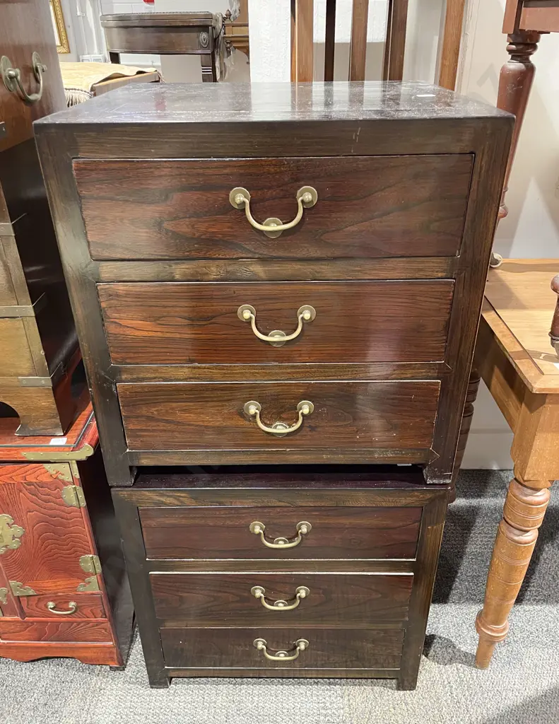 Pair of Chinese Stained Pine Three Drawer Bedside Cabinets Image 1++