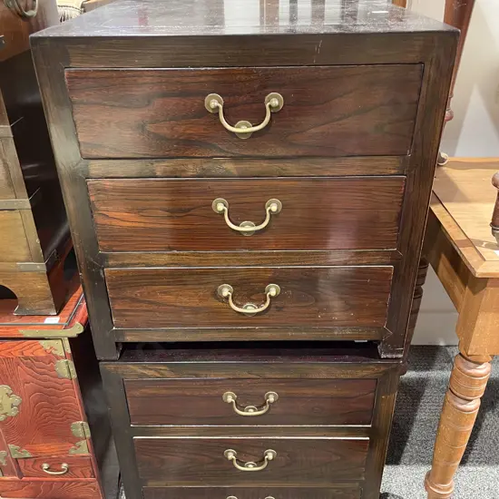 Pair of Chinese Stained Pine Three Drawer Bedside Cabinets