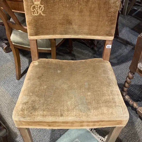 1937 George VI Coronation Chair by W Hands & Sons (velvet upholstery in poor condition)