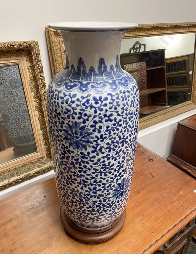 Chinese Elongated Blue and White Floor Vase (rim chip) Image 1++